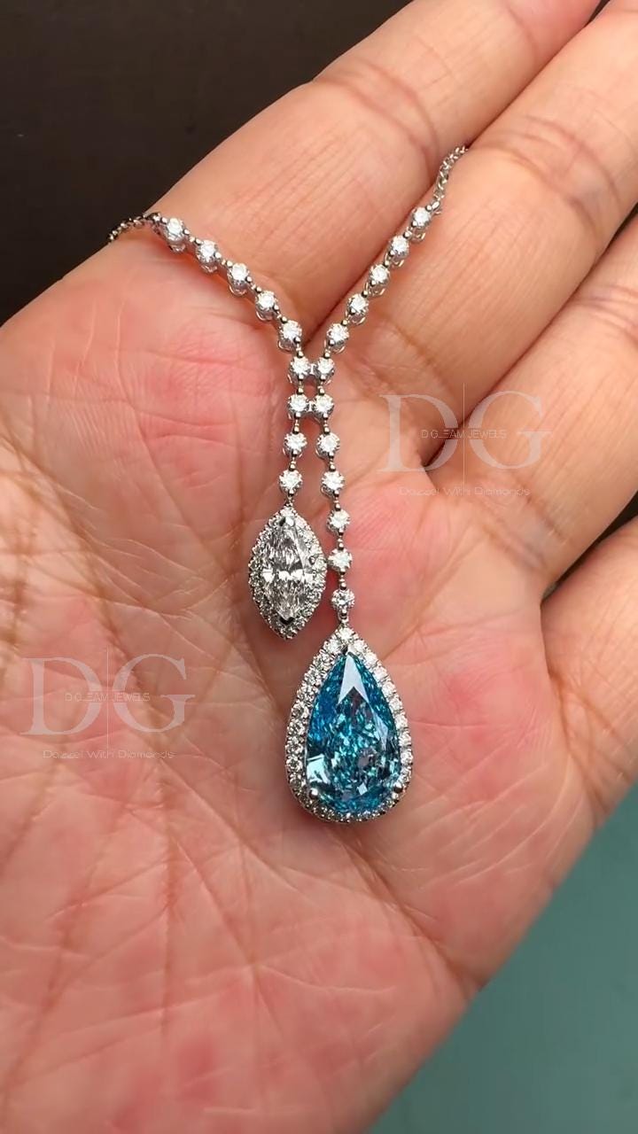 Lab-Grown Paraiba & Diamond Cluster Pendant: Elegant Wedding Necklace