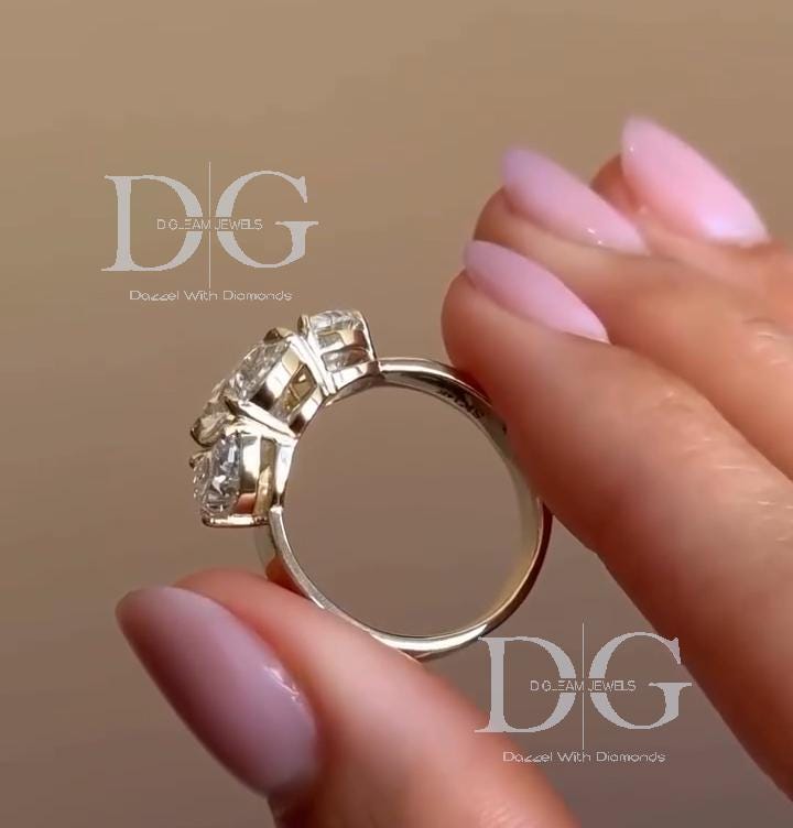 Lab Grown Diamond Engagement Ring: Oval & Half Moon Three Stone Yellow Gold