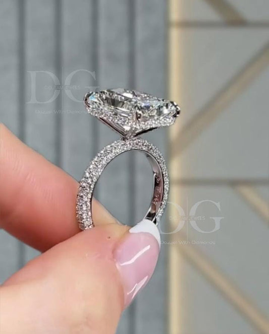 Radiant Cut Lab Diamond Engagement Ring: Hidden Halo, 14k Gold Wedding Ring