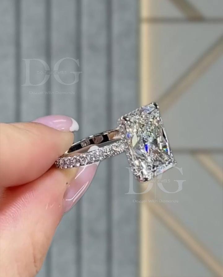 Radiant Cut Lab Diamond Engagement Ring: Hidden Halo, 14k Gold Wedding Ring