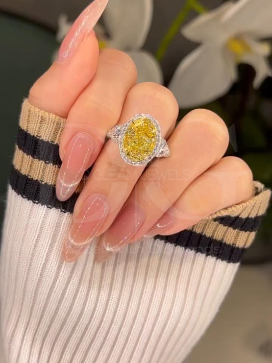 Fancy Yellow Lab Diamond Halo Ring: Three Stone White Gold Engagement (IGI Certified)