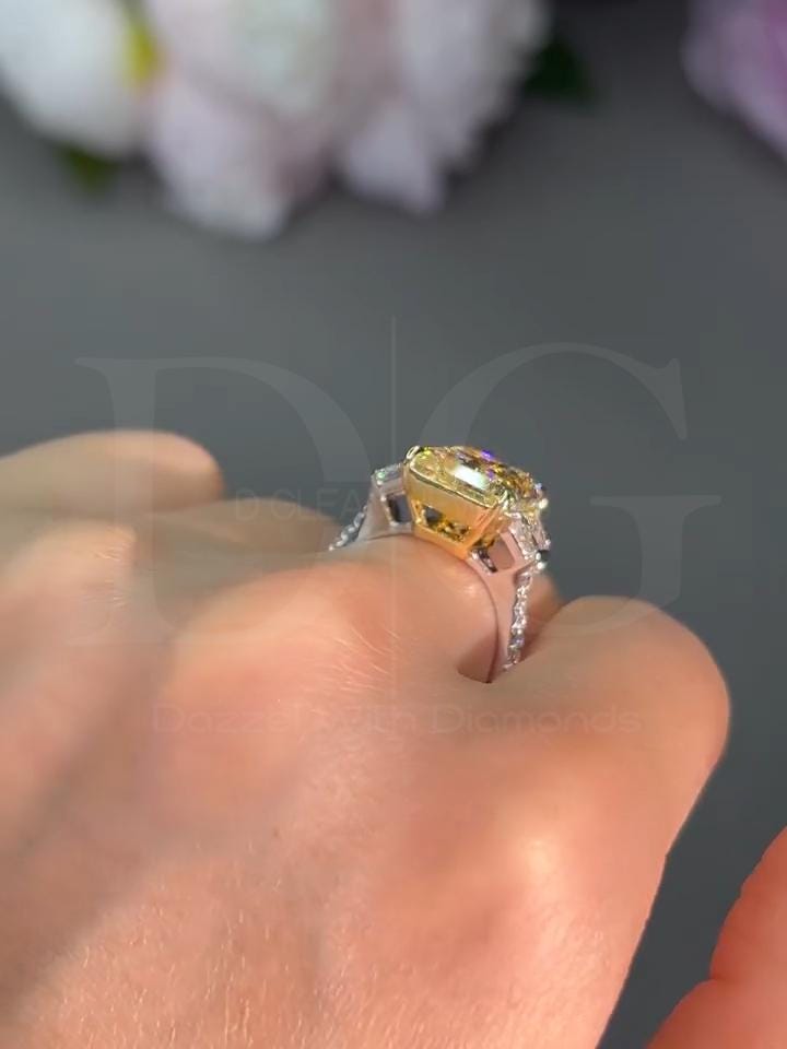 4 Carat Radiant Cut Lab Grown Diamond Engagement Ring: Two-Tone Yellow Gold