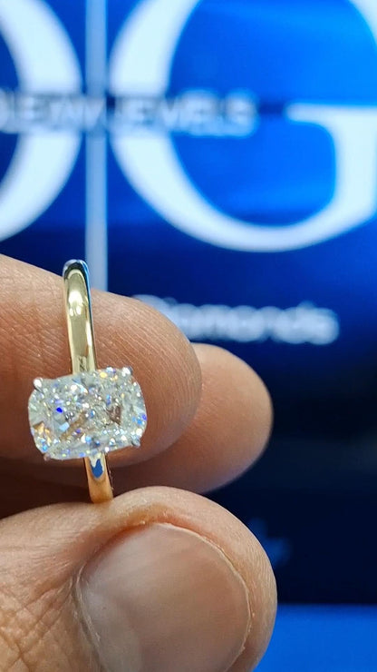 2 Carat Cushion Cut Lab Grown Diamond Engagement Ring: Hidden Halo Knife Edge Band
