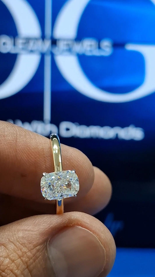 2 Carat Cushion Cut Lab Grown Diamond Engagement Ring: Hidden Halo Knife Edge Band