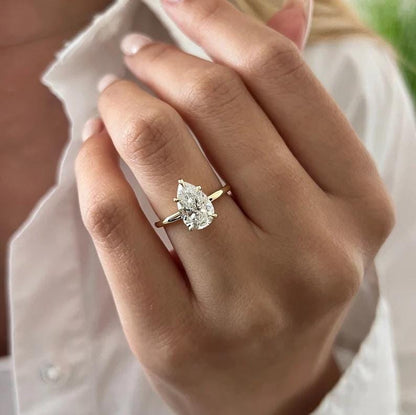 2 Carat Pear Lab Grown Diamond Ring: 14K Gold Solitaire Engagement