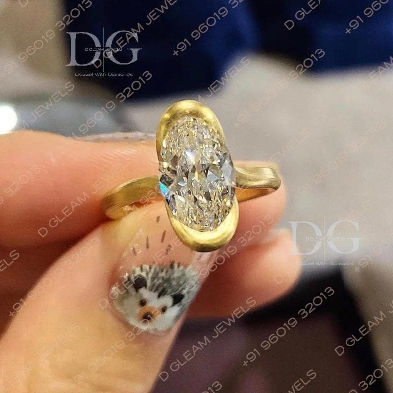 Oval Lab Grown Diamond Engagement Ring: Yellow Gold Bypass Setting, Aquamarine Amethyst Accent