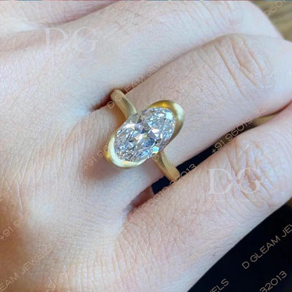 Oval Lab Grown Diamond Engagement Ring: Yellow Gold Bypass Setting, Aquamarine Amethyst Accent