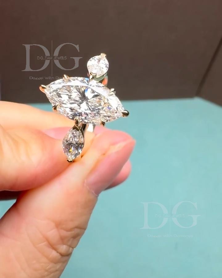 Marquise Cut Lab Grown Diamond Engagement Ring: Three Stone, Handmade