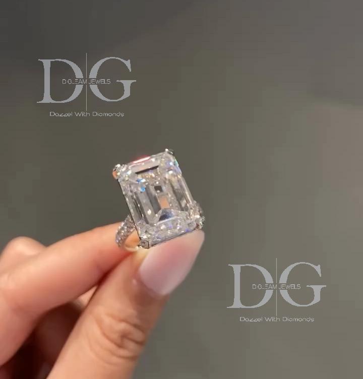 10 CTW Emerald Cut Lab Grown Diamond Engagement Ring with Side Stones | IGI Certified | White Gold | Handmade Luxury Ring
