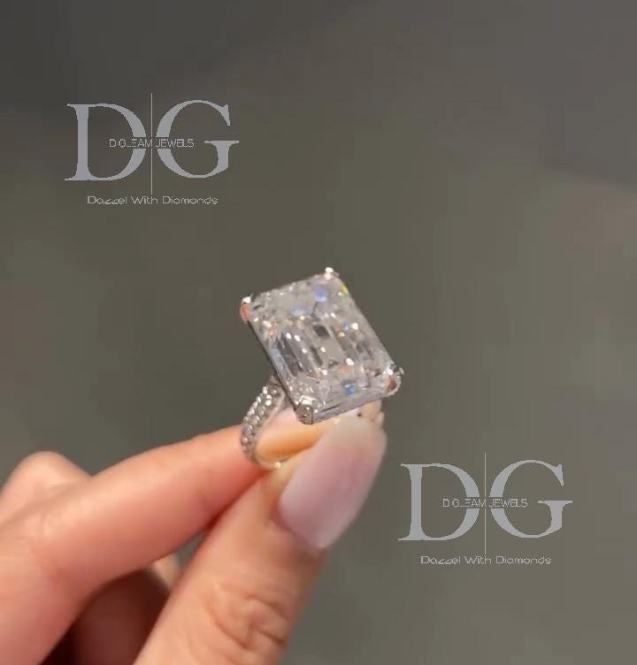 10 CTW Emerald Cut Lab Grown Diamond Engagement Ring with Side Stones | IGI Certified | White Gold | Handmade Luxury Ring