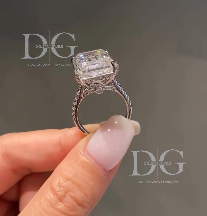 10 CTW Emerald Cut Lab Grown Diamond Engagement Ring with Side Stones | IGI Certified | White Gold | Handmade Luxury Ring