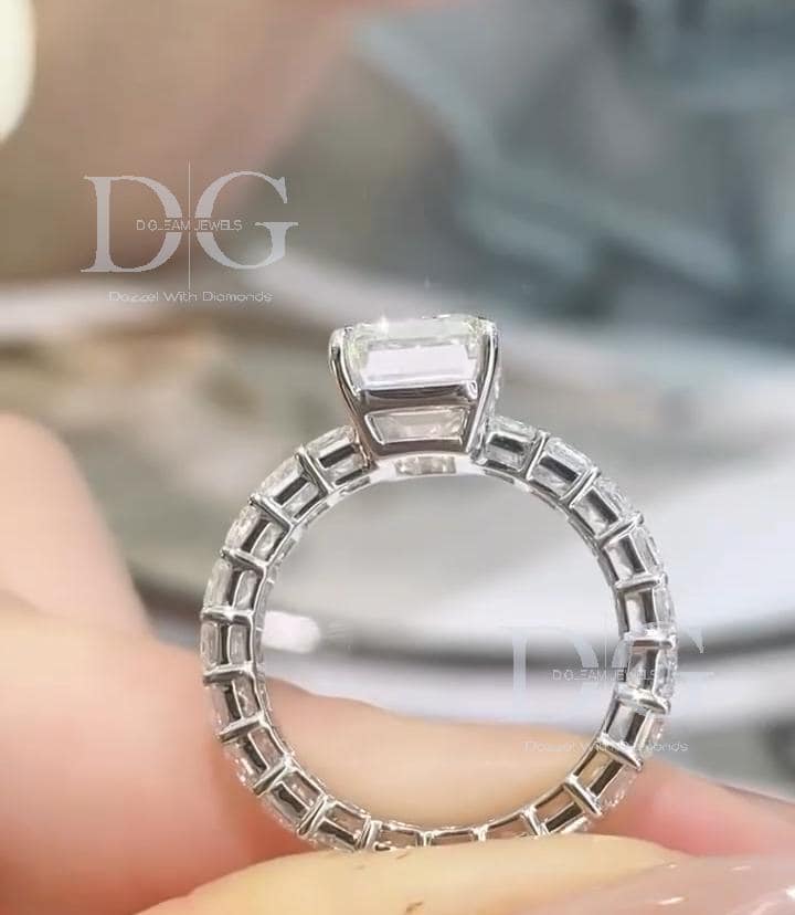 Emerald Cut Lab Grown Diamond Engagement Ring, 14k White Gold Eternity Band