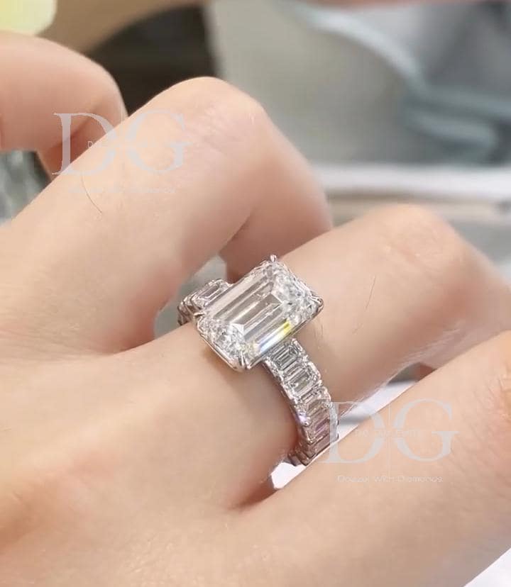 Emerald Cut Lab Grown Diamond Engagement Ring, 14k White Gold Eternity Band