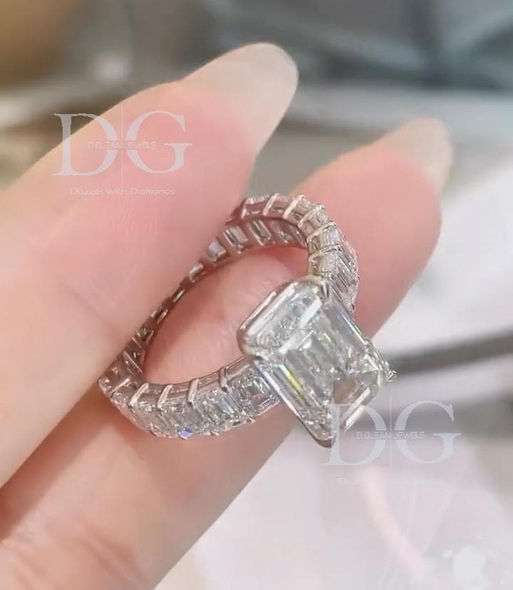 Emerald Cut Lab Grown Diamond Engagement Ring, 14k White Gold Eternity Band