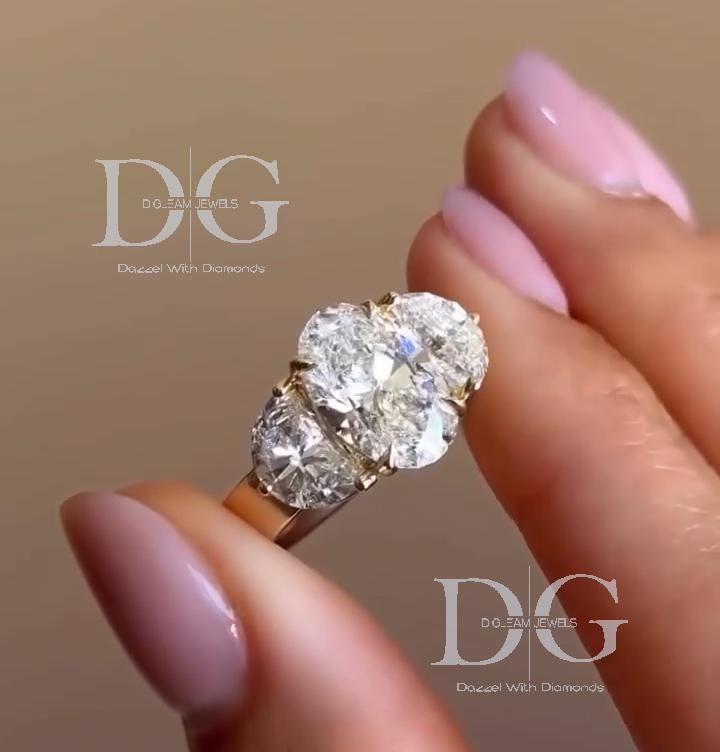 Lab Grown Diamond Engagement Ring: Oval & Half Moon Three Stone Yellow Gold