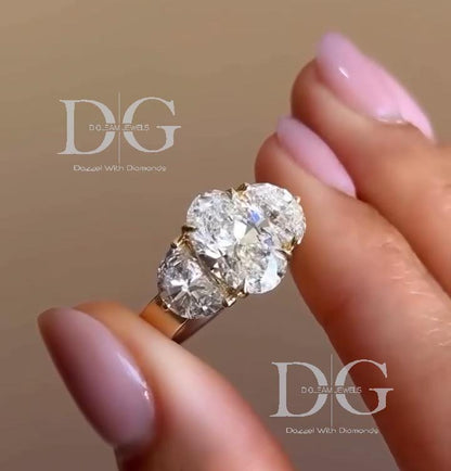 Lab Grown Diamond Engagement Ring: Oval & Half Moon Three Stone Yellow Gold