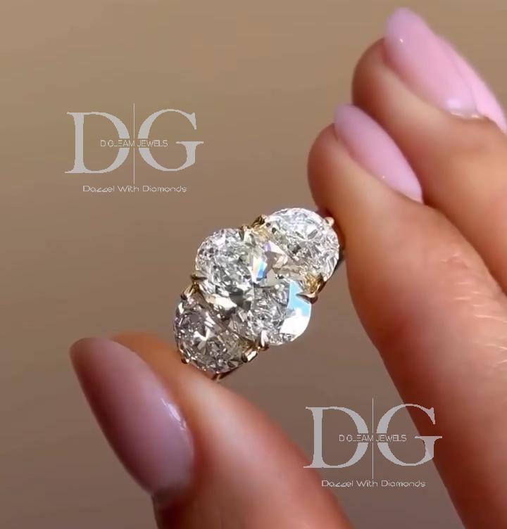 Lab Grown Diamond Engagement Ring: Oval & Half Moon Three Stone Yellow Gold