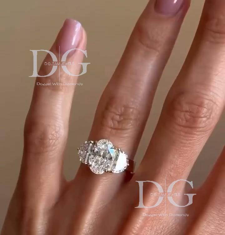 Lab Grown Diamond Engagement Ring: Oval & Half Moon Three Stone Yellow Gold