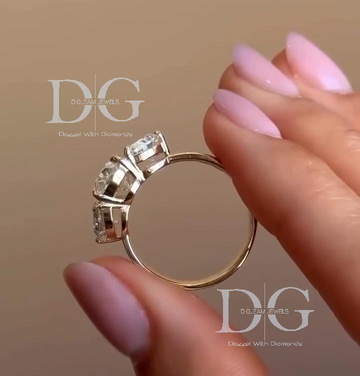 Lab Grown Diamond Engagement Ring: Oval & Half Moon Three Stone Yellow Gold