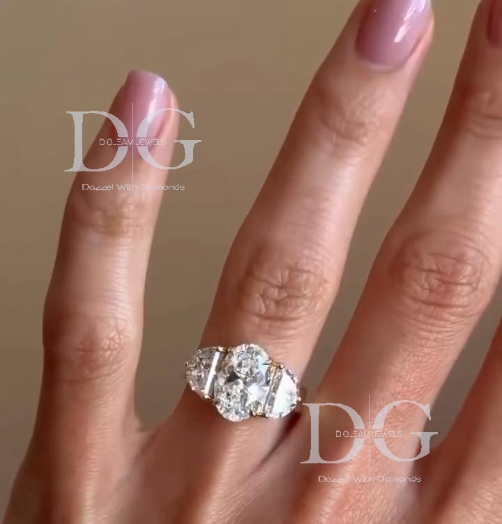 Lab Grown Diamond Engagement Ring: Oval & Half Moon Three Stone Yellow Gold
