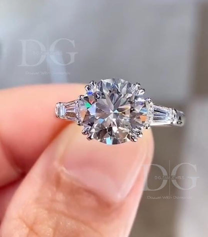 3.00 CT Lab Grown Diamond Engagement Ring: Three Stone Tapered Baguette Setting