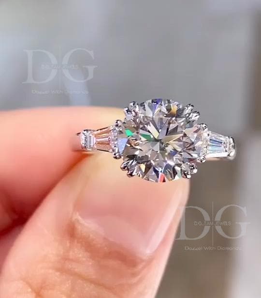 3.00 CT Lab Grown Diamond Engagement Ring: Three Stone Tapered Baguette Setting