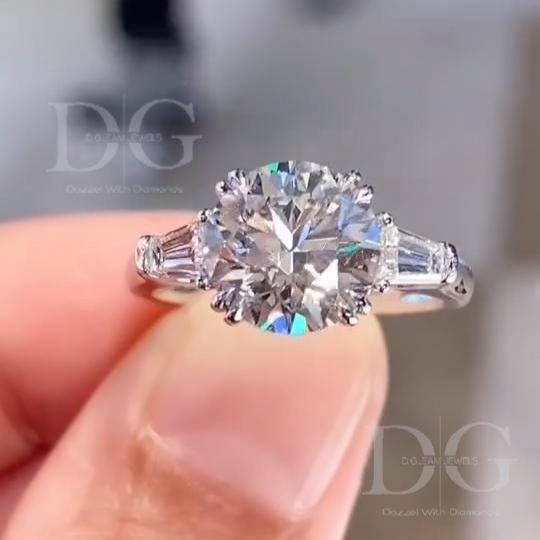 3.00 CT Lab Grown Diamond Engagement Ring: Three Stone Tapered Baguette Setting