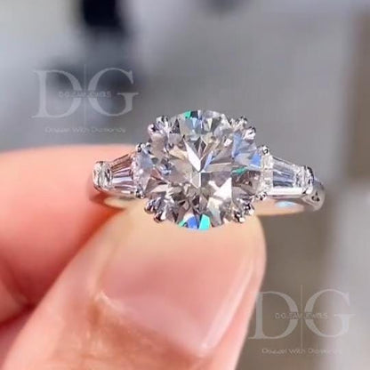 3.00 CT Lab Grown Diamond Engagement Ring: Three Stone Tapered Baguette Setting