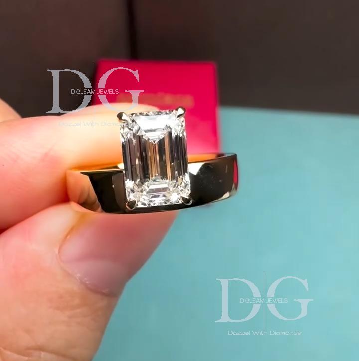 Emerald Cut Lab Grown Diamond Solitaire Ring: 14K Yellow Gold Prong Setting