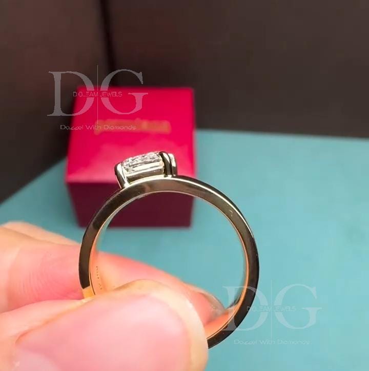 Emerald Cut Lab Grown Diamond Solitaire Ring: 14K Yellow Gold Prong Setting