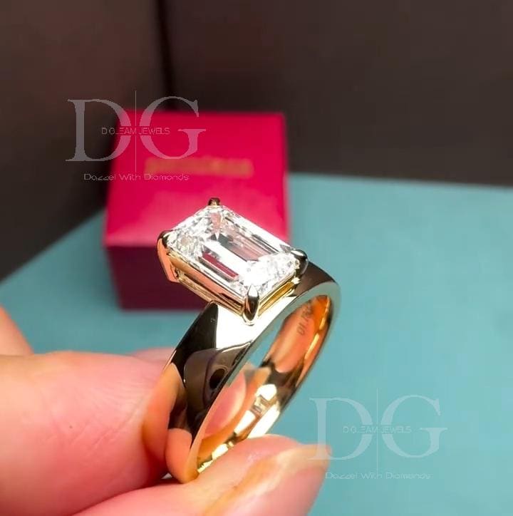 Emerald Cut Lab Grown Diamond Solitaire Ring: 14K Yellow Gold Prong Setting