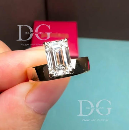 Emerald Cut Lab Grown Diamond Solitaire Ring: 14K Yellow Gold Prong Setting