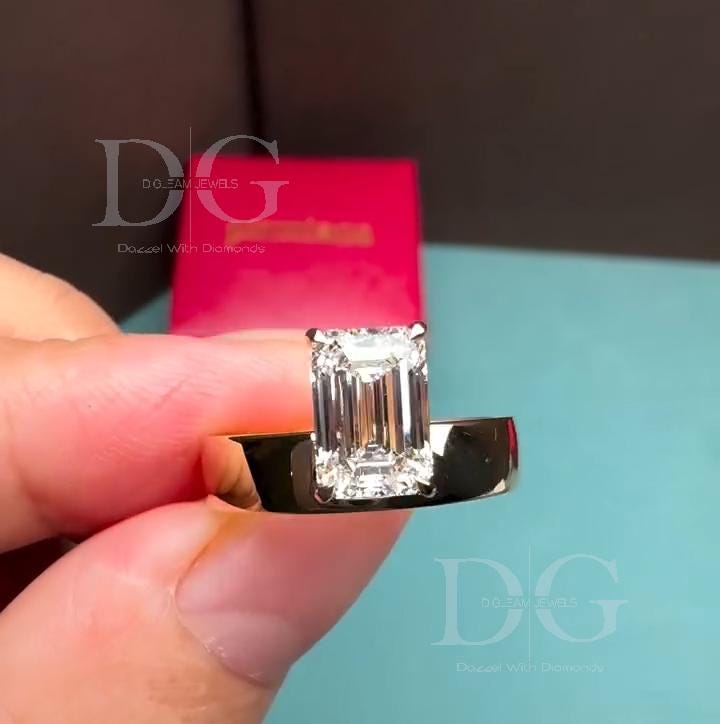 Emerald Cut Lab Grown Diamond Solitaire Ring: 14K Yellow Gold Prong Setting