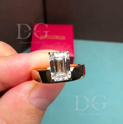 Emerald Cut Lab Grown Diamond Solitaire Ring: 14K Yellow Gold Prong Setting
