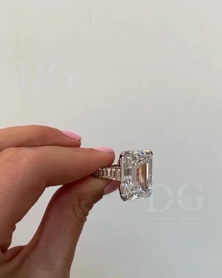 IGI Certified Lab Grown Emerald Cut Diamond Engagement Ring with Baguette Side Stones