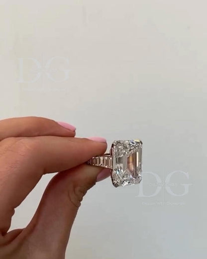 IGI Certified Lab Grown Emerald Cut Diamond Engagement Ring with Baguette Side Stones