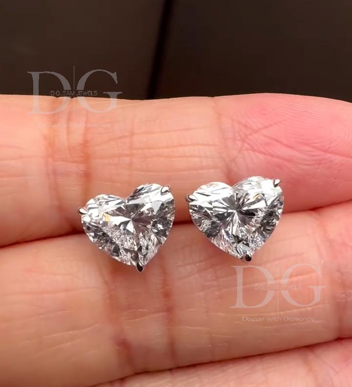 Handmade Heart Lab Grown Diamond Stud Earrings: 1-3 ct, White/Yellow/Rose Gold