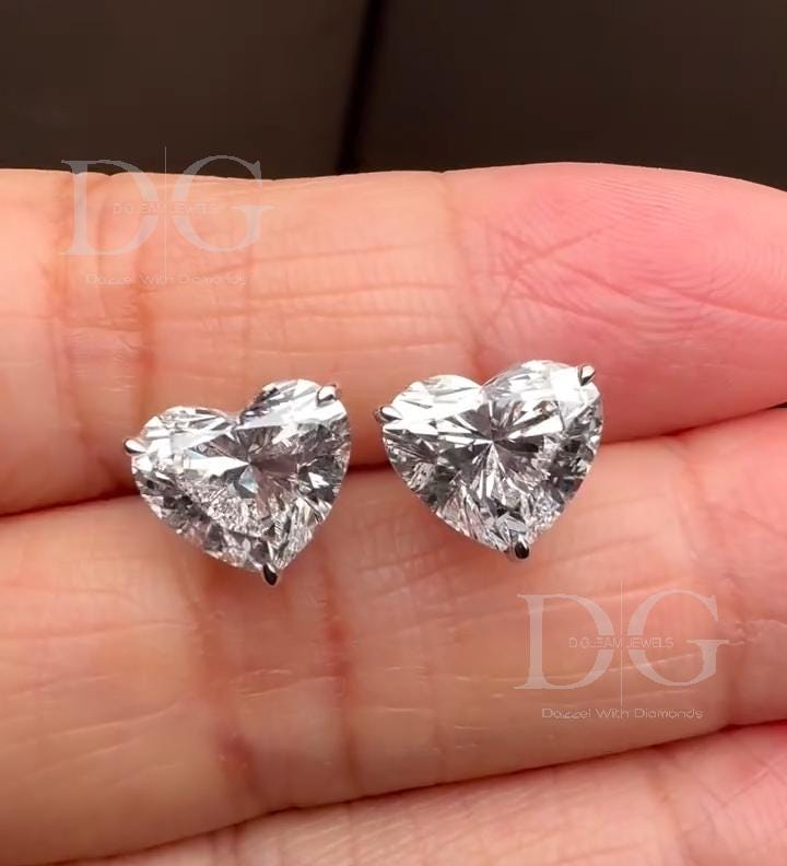 Handmade Heart Lab Grown Diamond Stud Earrings: 1-3 ct, White/Yellow/Rose Gold