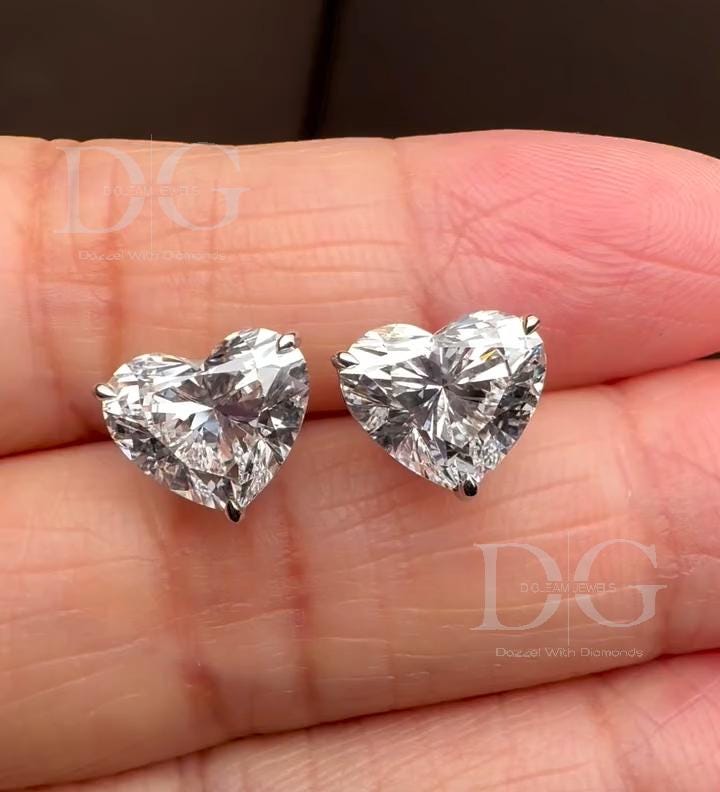 Handmade Heart Lab Grown Diamond Stud Earrings: 1-3 ct, White/Yellow/Rose Gold