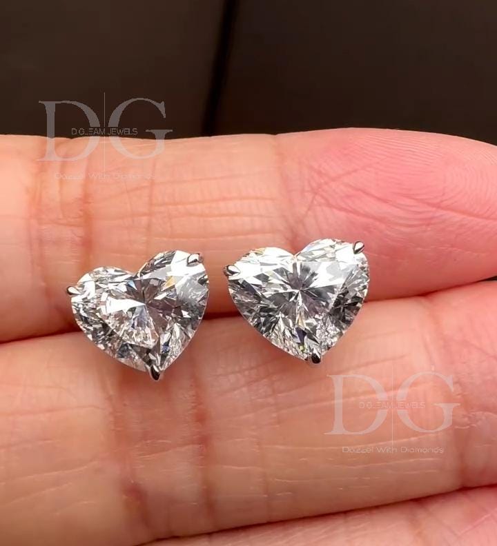 Handmade Heart Lab Grown Diamond Stud Earrings: 1-3 ct, White/Yellow/Rose Gold