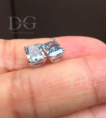 Radiant Cut Fancy Blue Lab Grown Diamond Stud Earrings: 2.00 tcw, 14k White Gold