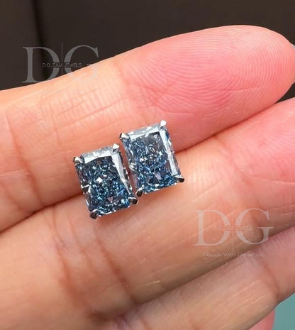 Radiant Cut Fancy Blue Lab Grown Diamond Stud Earrings: 2.00 tcw, 14k White Gold