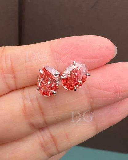Oval Lab Grown Fancy Red Diamond Stud Earrings: 14k White Gold Basket Setting