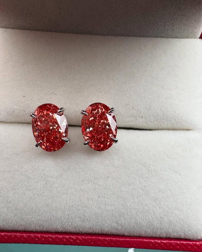 Oval Lab Grown Fancy Red Diamond Stud Earrings: 14k White Gold Basket Setting