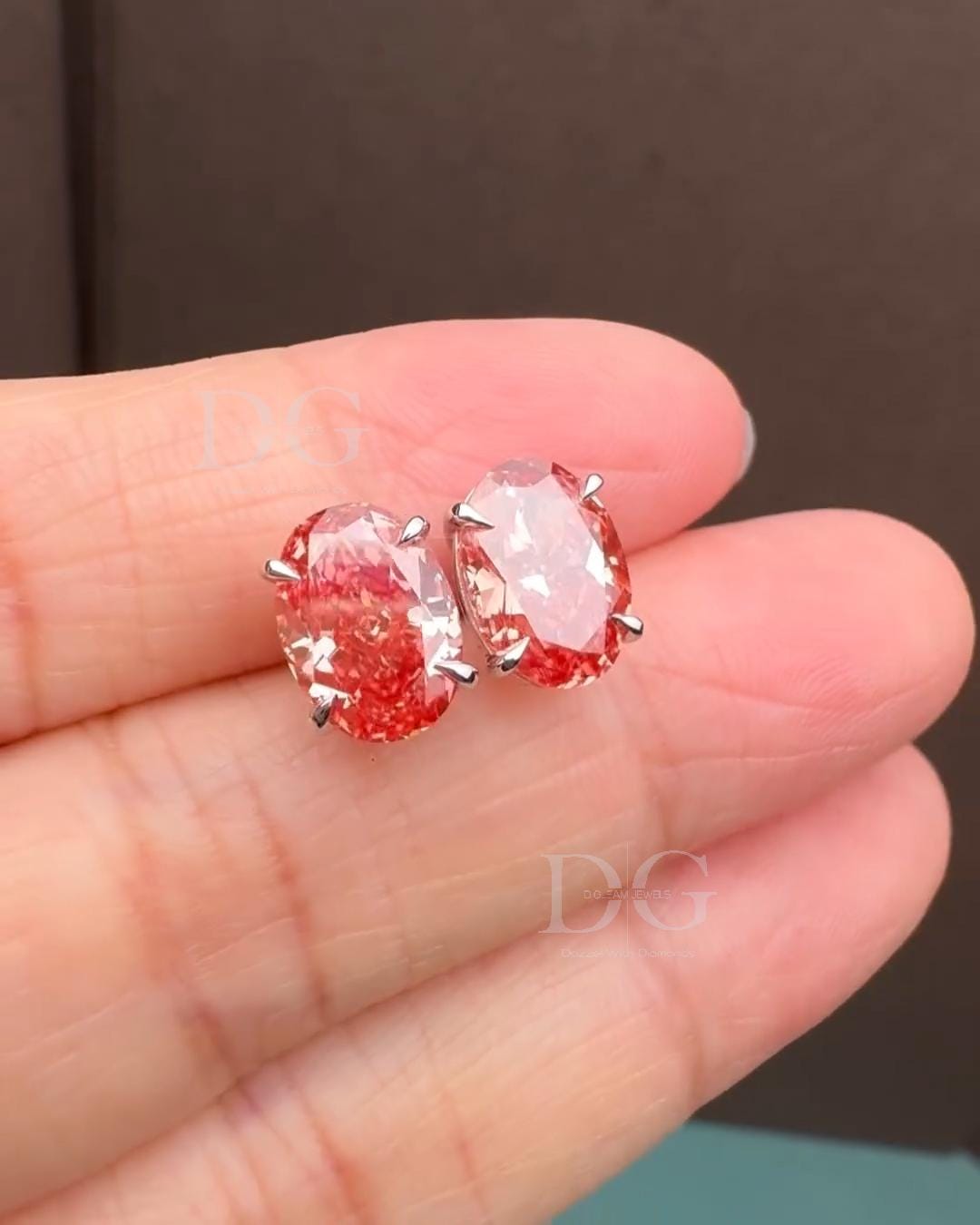 Oval Lab Grown Fancy Red Diamond Stud Earrings: 14k White Gold Basket Setting