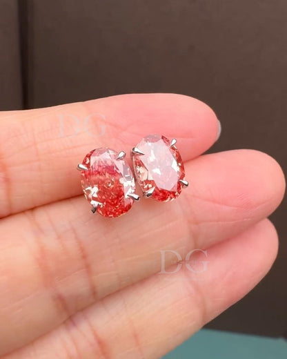 Oval Lab Grown Fancy Red Diamond Stud Earrings: 14k White Gold Basket Setting
