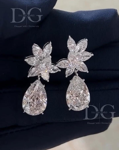 8.60 TCW Pear & Marquise Lab Grown Diamond Cluster Earrings, 14K Gold