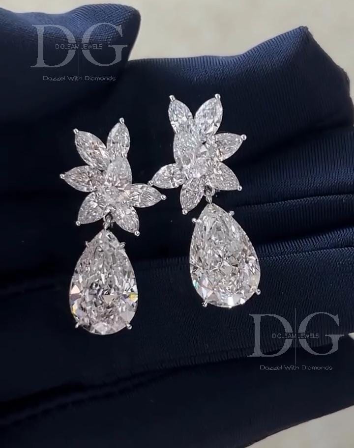 8.60 TCW Pear & Marquise Lab Grown Diamond Cluster Earrings, 14K Gold