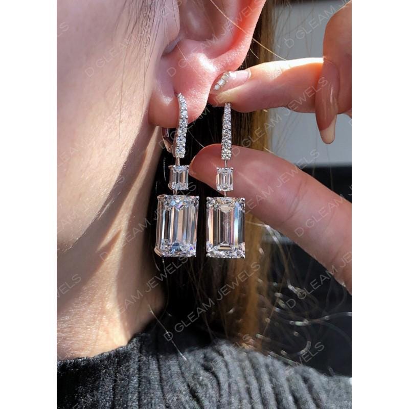 Emerald Cut Lab Diamond Drop Earrings: 14Kt White Gold, Handmade