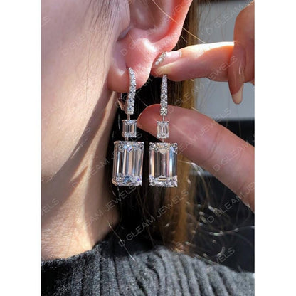 Emerald Cut Lab Diamond Drop Earrings: 14Kt White Gold, Handmade